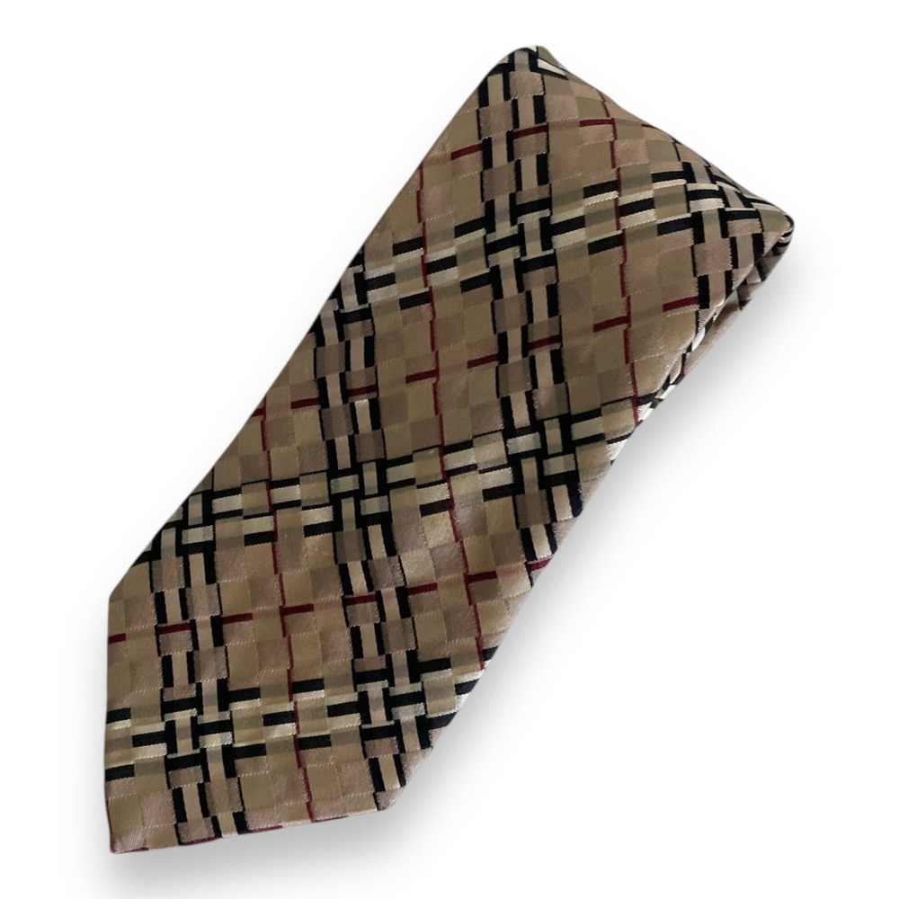Burberry London Silk Tie Woven Check Pattern Tan Black Red Made in Italy